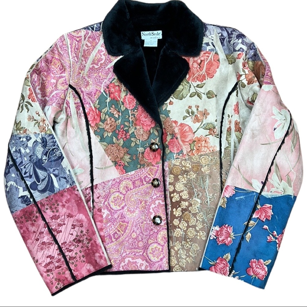 Floral and Paisley Patchwork Style Microsuede Jacket with warm faux fur lining